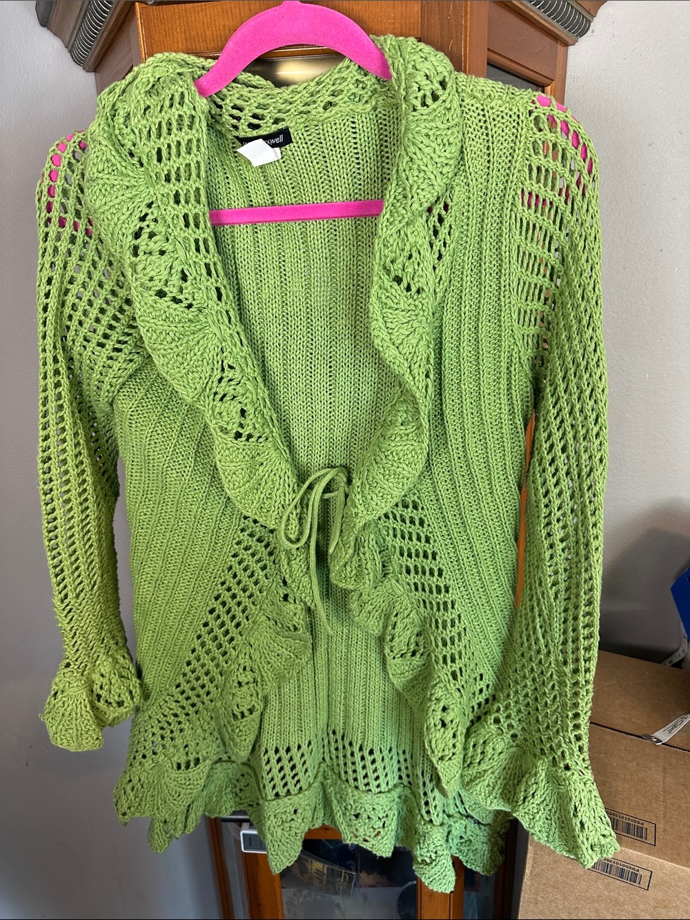 jason maxwell Lime Green Open-Knit Ruffle Tie-Front Cardigan